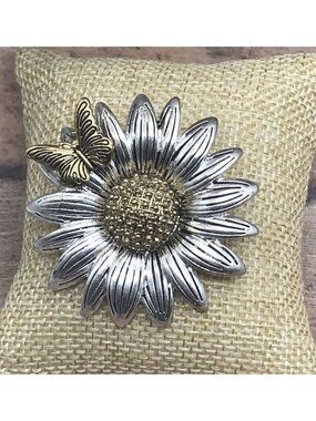 Beautiful Napier Two Tone Silver & Gold Sunflower & Butterfly Brooch Pin Signed